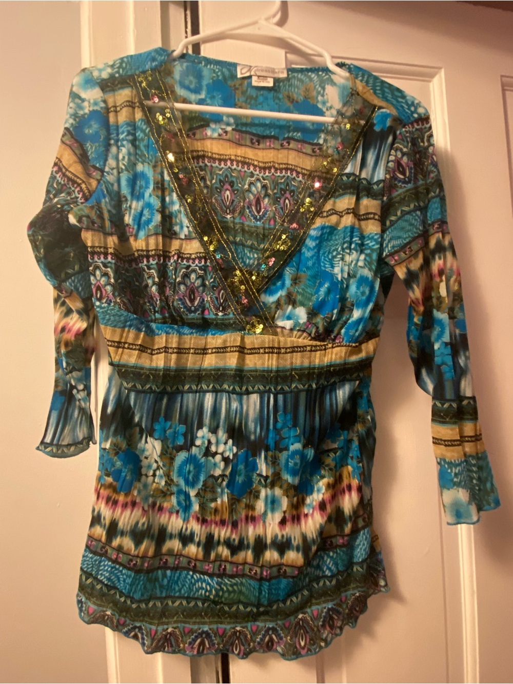Boho embellished detailed V-Neck Floral Top in Turquoise